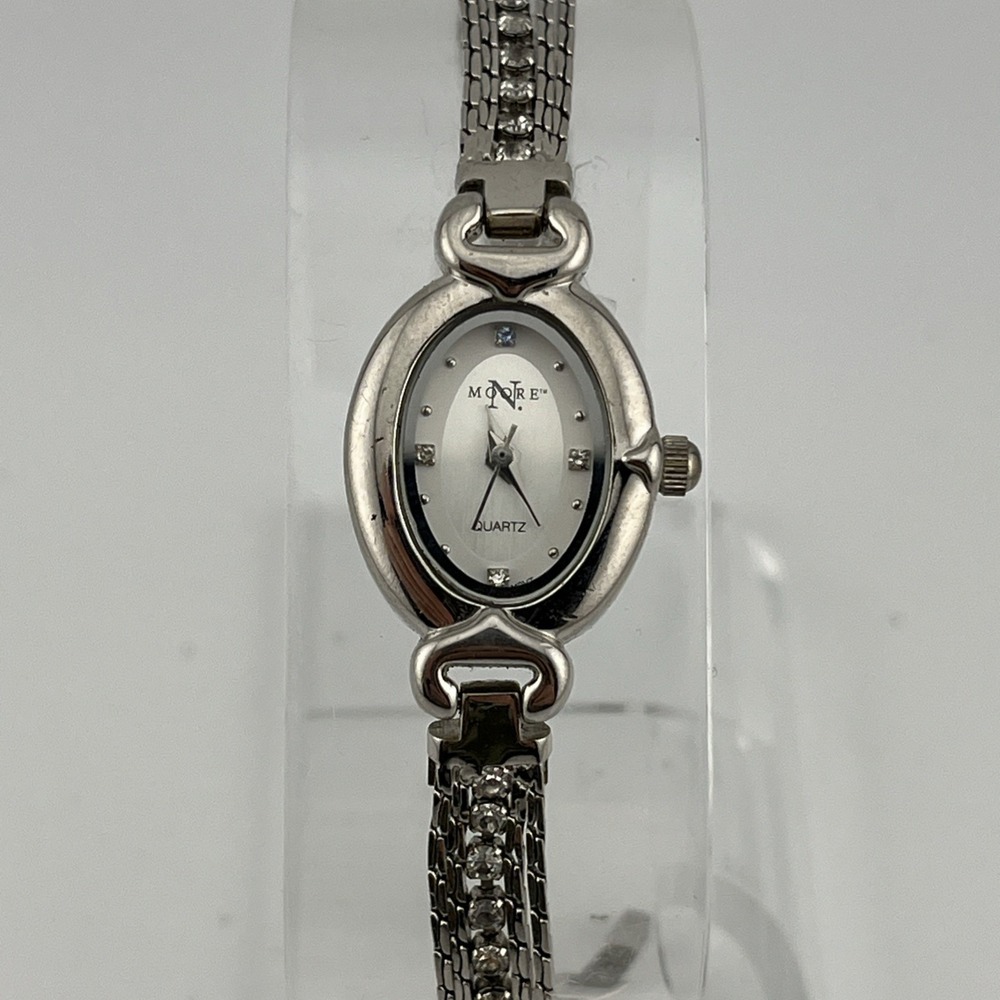 Vintage N Moore‎ Watch Women 18mm Case 6.75" Silver & Gemstone Band- New Battery